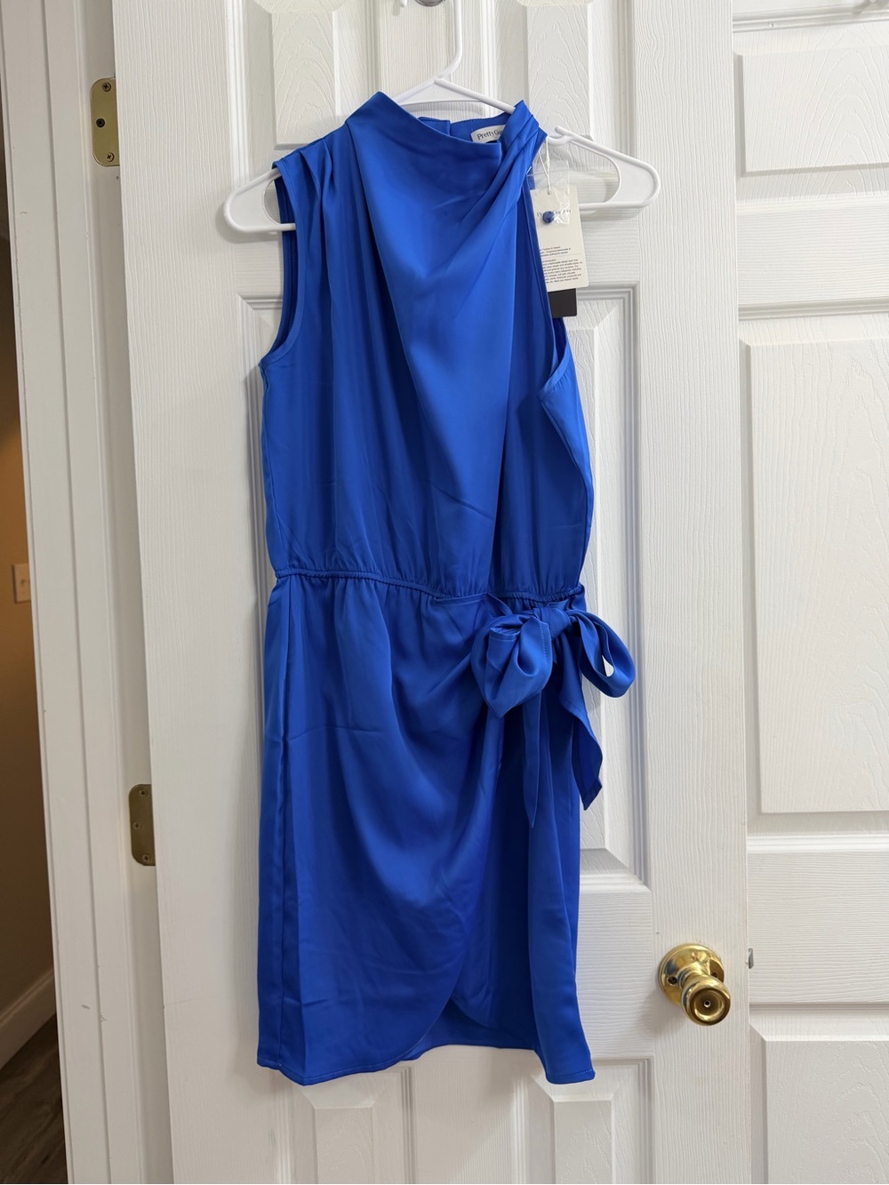 Royal Blue Sleeveless Dress with Asymmetrical Neckline and Side Tie